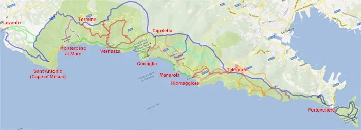 Kaart van wandelpaden van de Cinque Terre, preview